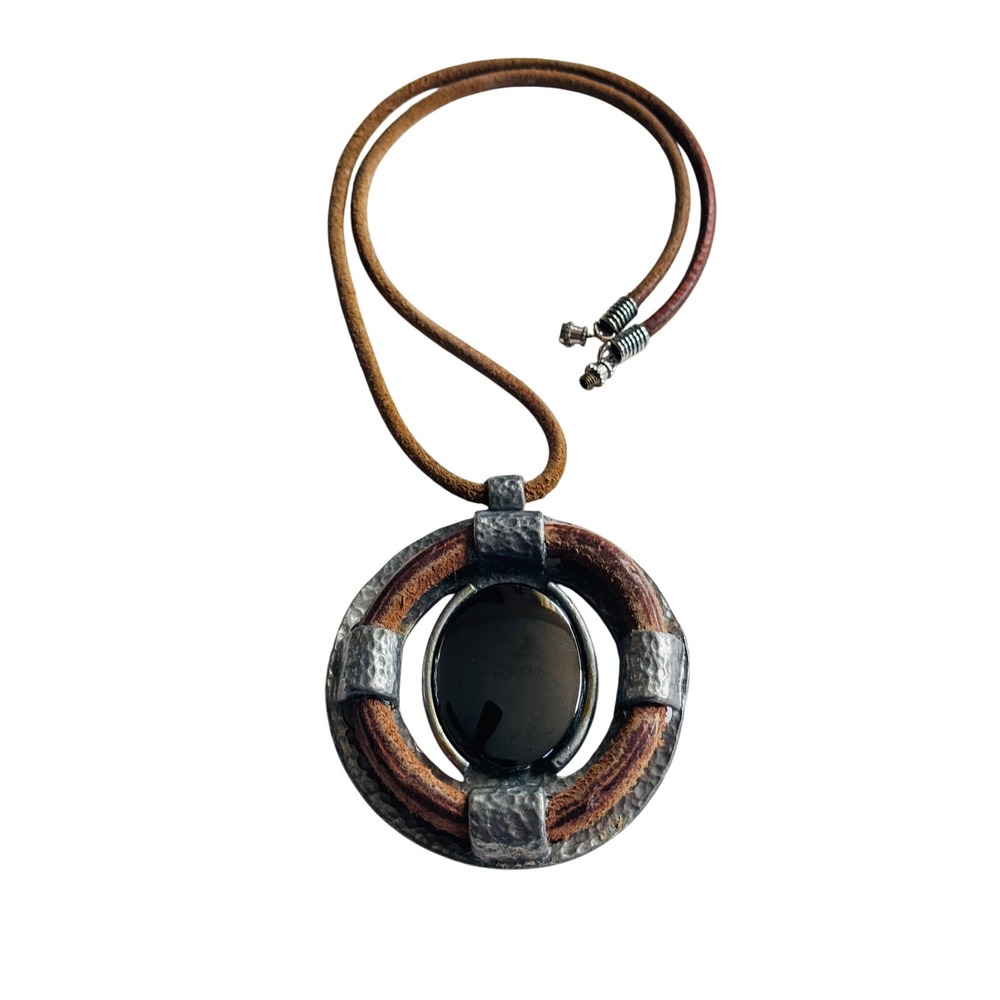 VTG BoHo Pewter Hematite medallion necklace Silver Textured MOD Statement chunky